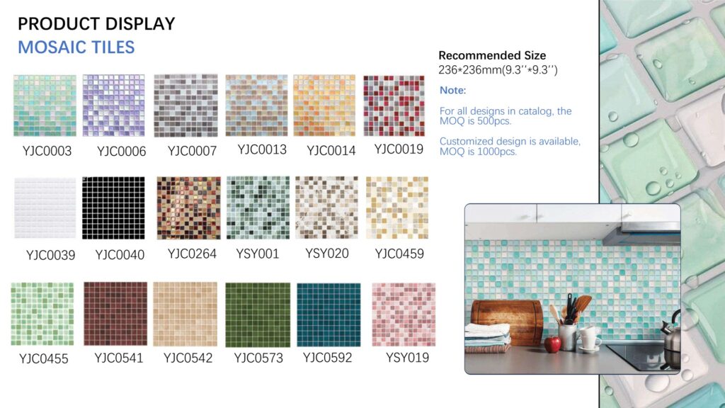 Mosaic peel and stick wall tile designs, 298×298 mm, with bathroom application