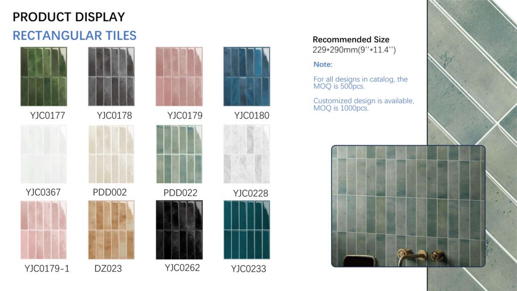 Rectangular peel and stick wall tile designs, 229×290 mm, in assorted colours and finishes