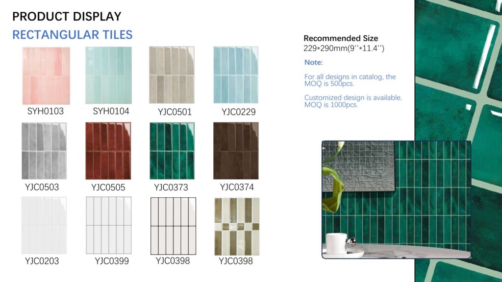 Rectangular peel and stick wall tile designs, 229×290 mm, with green bathroom wall