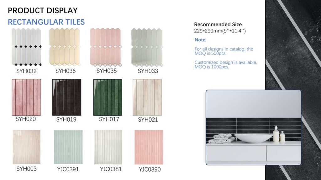 Ribbed rectangular peel and stick wall tiles, 229×290 mm, in neutral and pastel tones