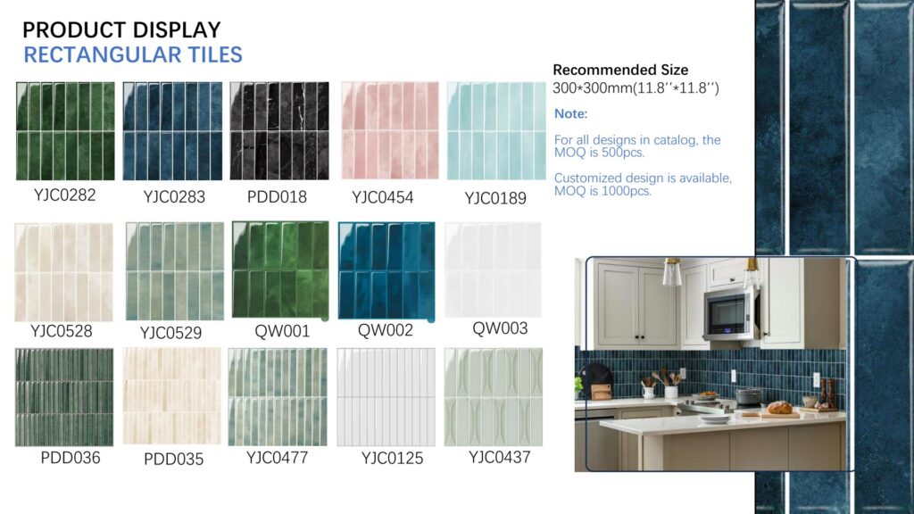 Rectangular peel and stick wall tile designs, 300×300 mm, including mosaic mixes