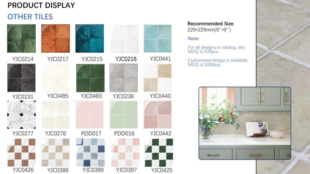 Assorted peel and stick wall tile designs, 229×229 mm
