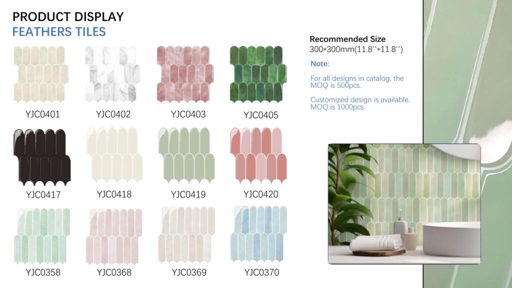 Feathers peel and stick wall tile designs, 300×300 mm, in pastel colours