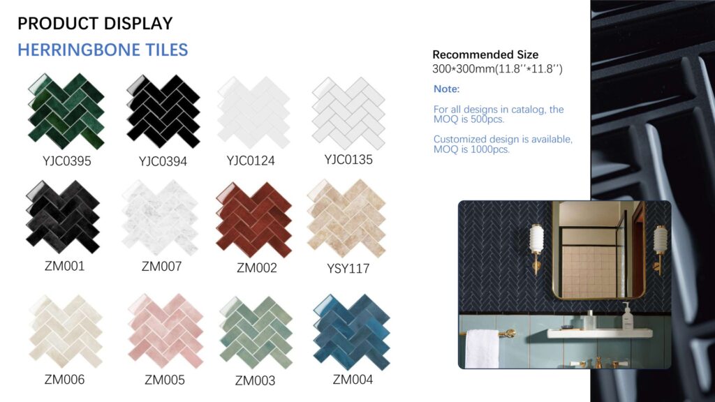 Herringbone peel and stick wall tile designs, 300×300 mm, in marble look