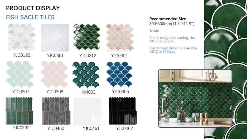 Fish scale peel and stick wall tile designs, 300×300 mm, including green tones
