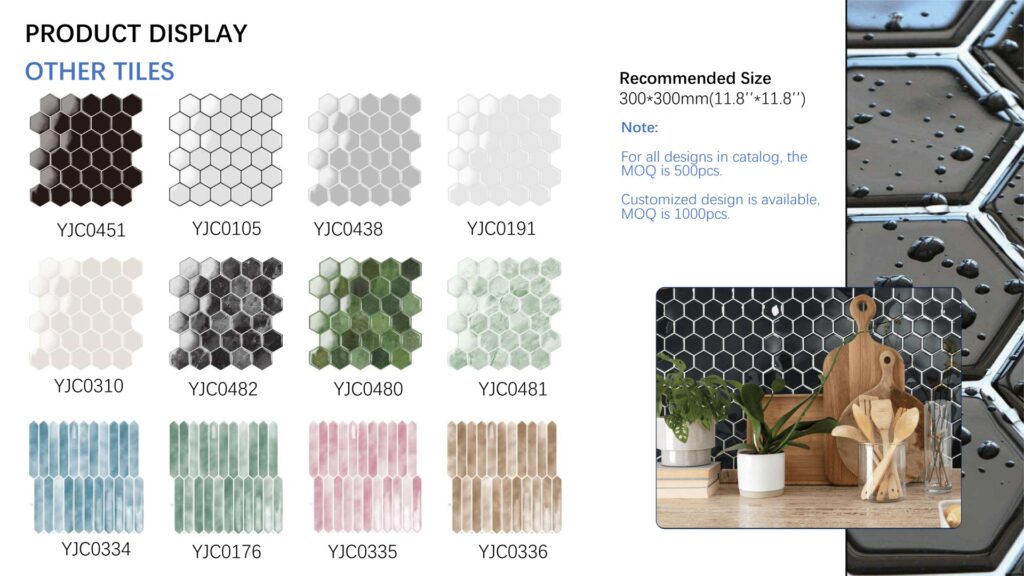 Hexagon and mosaic peel and stick wall tile designs, 300×300 mm