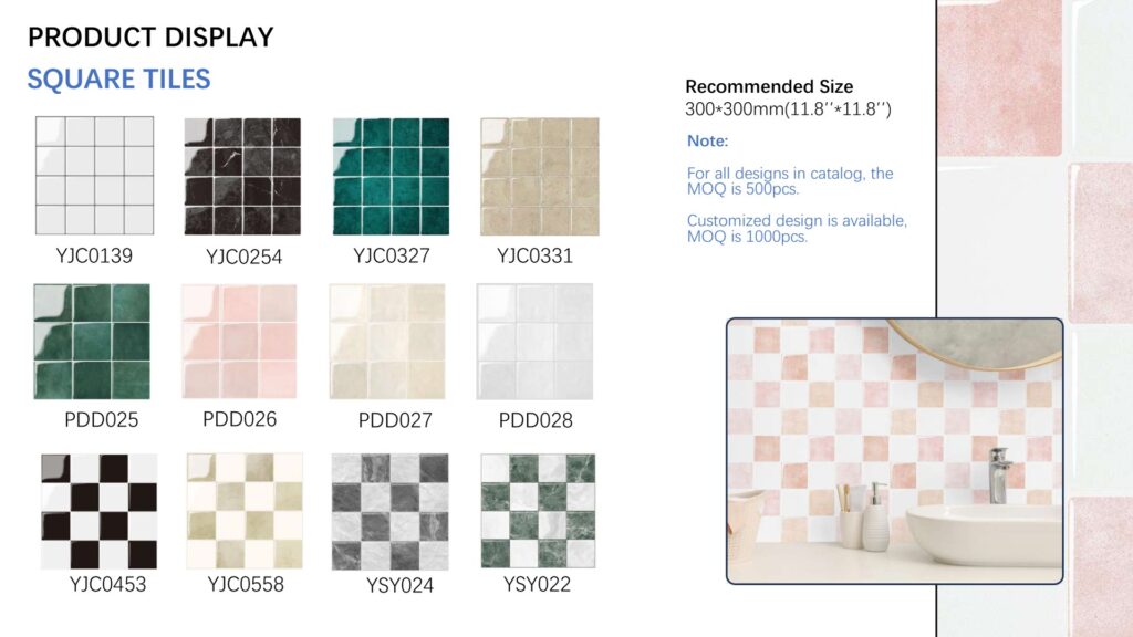 Square peel and stick wall tile designs, 300×300 mm: solid colours and checks