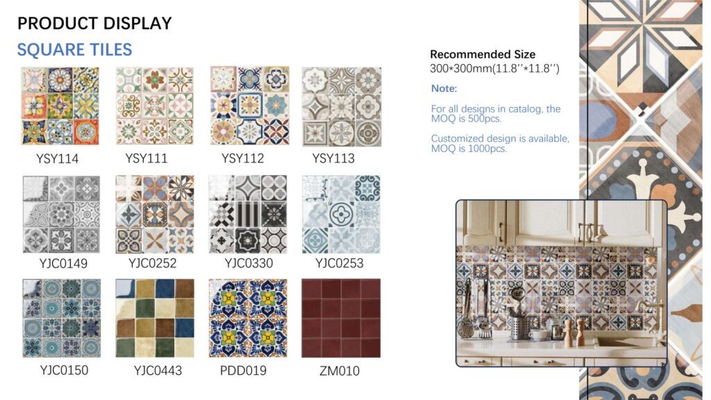 Square peel and stick wall tiles, 300×300 mm, in Moroccan and encaustic look