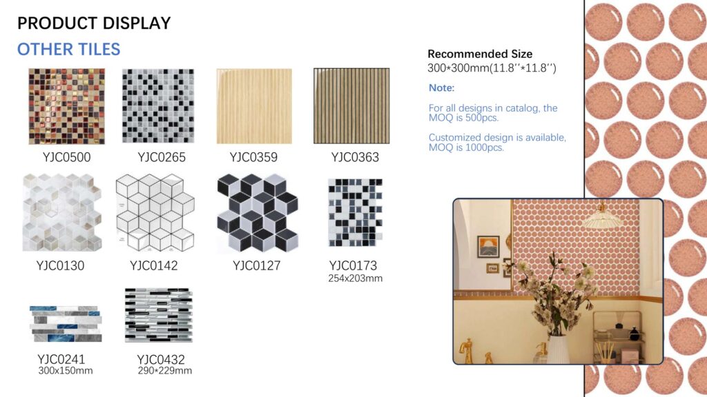 Assorted peel and stick wall tile patterns and textures, 300×300 mm