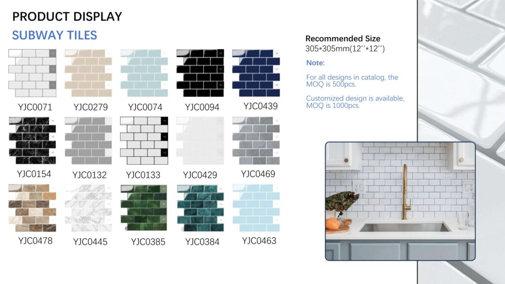 Subway peel and stick wall tile collection, 305×305 mm, with kitchen backsplash application