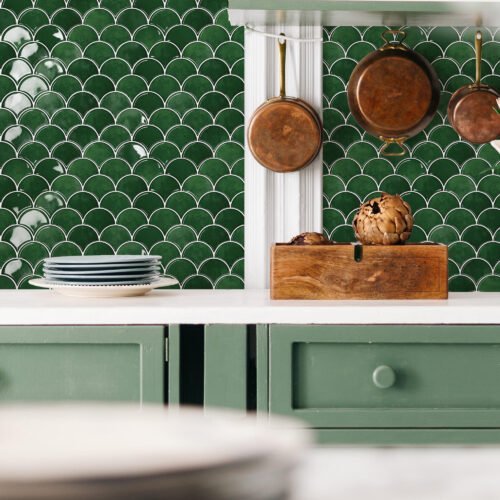 Green Peel and Stick Backsplash Fish Scale Tile